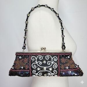 In's 11x4x2" Evening Bag Shoulder Strap Fully Beaded Black Multicolor Kiss Lock